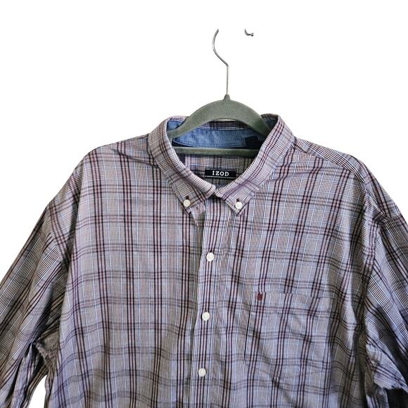 Izod Mens Size XL Long Sleeve Button Down Shirt Blue Gray Houndstooth Grid Plaid - Picture 2 of 6